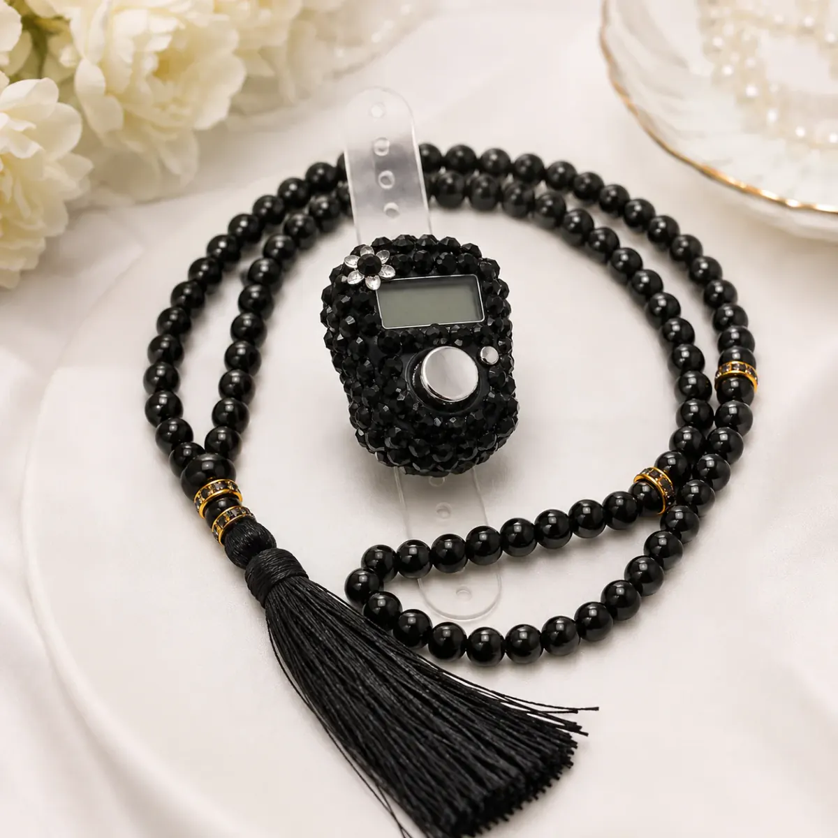 Black crystal counter with Tasbeeh beads