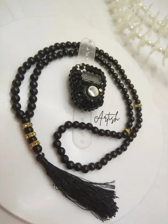 Black crystal digital counter with matching black Tasbeeh beads