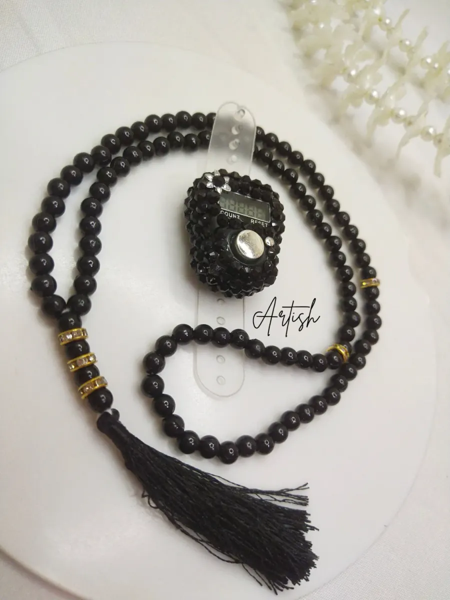 Black crystal fancy Tasbeeh counter with prayer beads