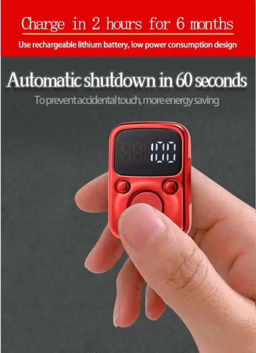 Red rechargeable Tasbeeh counter with automatic shutdown information