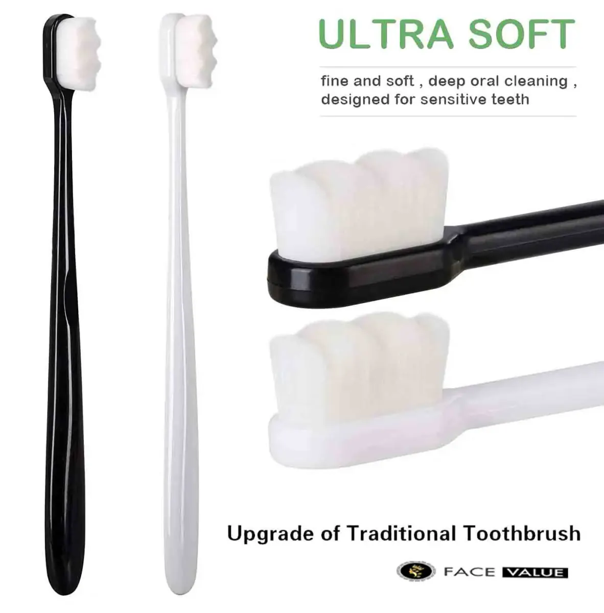 Ultra-soft toothbrush in black and white with soft wave bristles