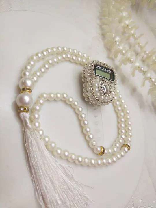 Real white pearl Tasbeeh beads with matching crystal digital counter