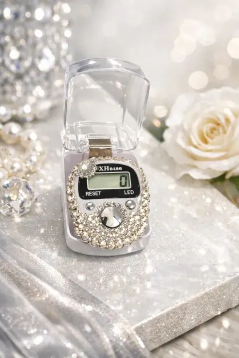 White rhinestone digital Tasbeeh counter in a clear gift box